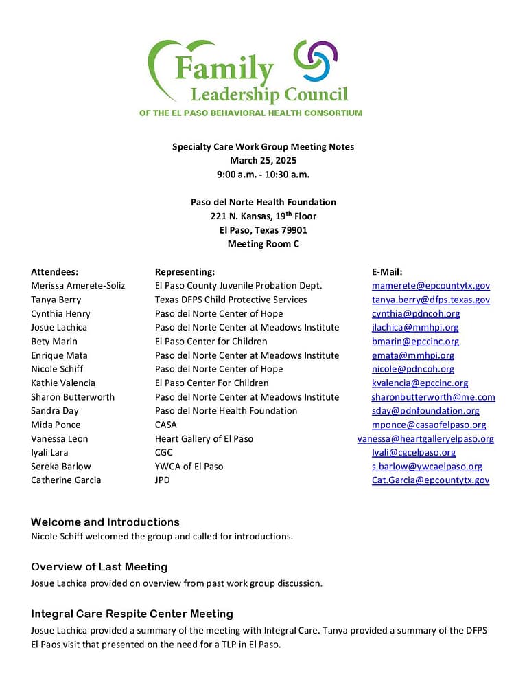 Specialty Care Meeting Notes March 25