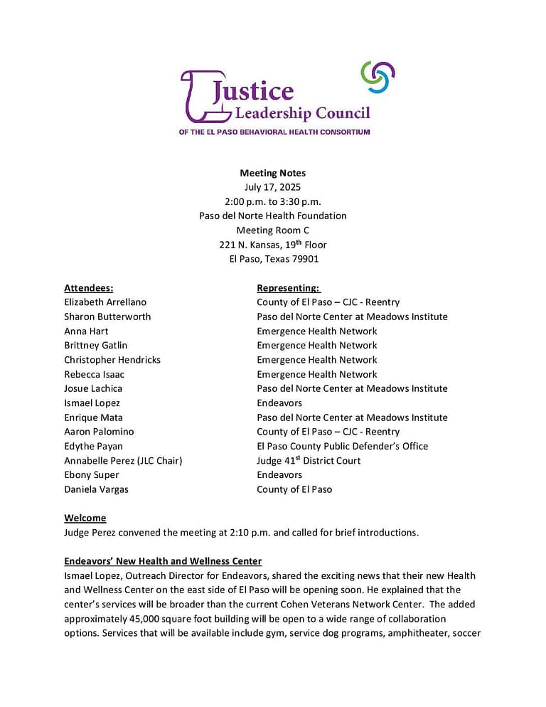 Justice Leadership Council 7 17 2025 Meeting Notes FS