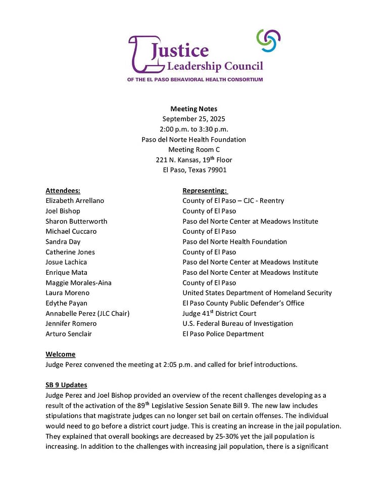Justice Leadership Council 9 2025 Meeting Notes FS