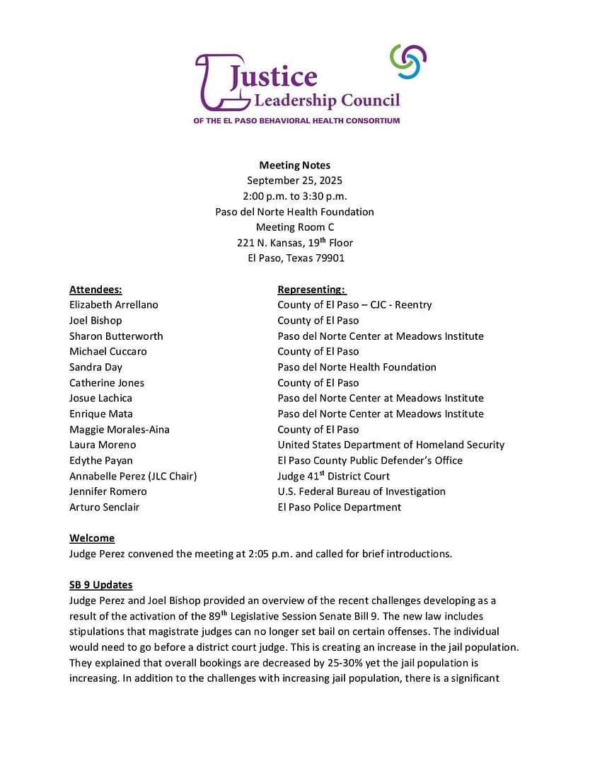 Justice Leadership Council 9 2025 Meeting Notes FS