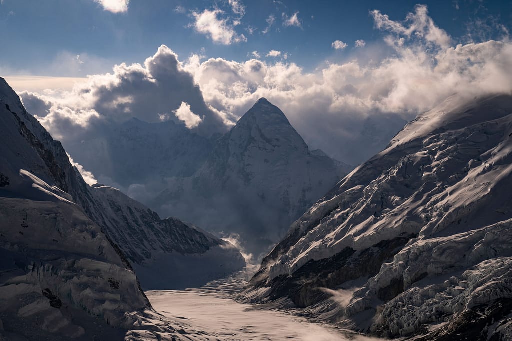 Glacier valley below Himalayan peaks